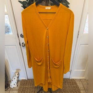 Naggoo Mustard Yellow Ribbed Long Duster Button Down Cardigan LS L Lightweight